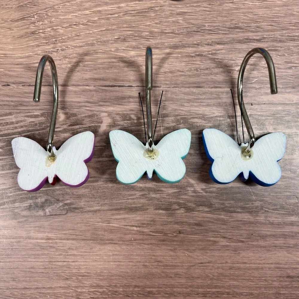 Butterfly‎ Shower Curtain Hooks Multicolor Resin Whimsical Purple Blue Set of 12